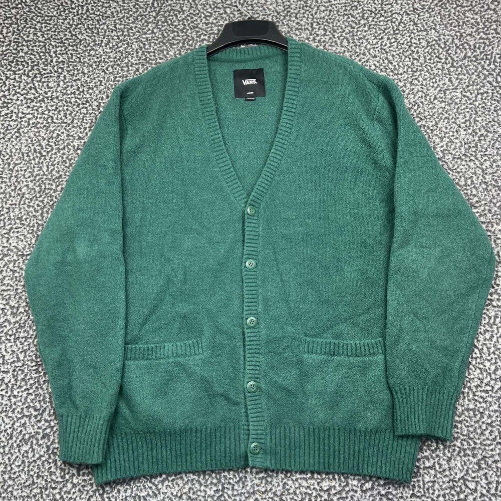 Vans Cardigan Sweater Men Large Green V-Neck Button Front Knit Long Sleeve L